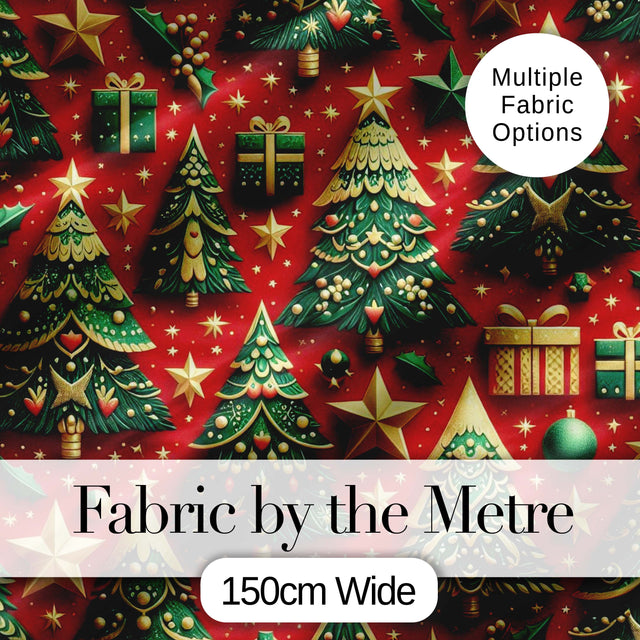 Festive Christmas Trees with Gifts Stars and Ornaments on Red Seamless Pattern Digital Print Fabric by the Metre UK Sewing Quilting Textile