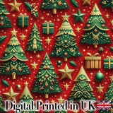 Festive Christmas Trees with Gifts Stars and Ornaments on Red Seamless Pattern Digital Print Fabric by the Metre UK Sewing Quilting Textile