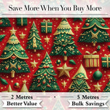 Festive Christmas Trees with Gifts Stars and Ornaments on Red Seamless Pattern Digital Print Fabric by the Metre UK Sewing Quilting Textile