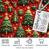 Festive Christmas Trees with Gifts Stars and Ornaments on Red Seamless Pattern Digital Print Fabric by the Metre UK Sewing Quilting Textile