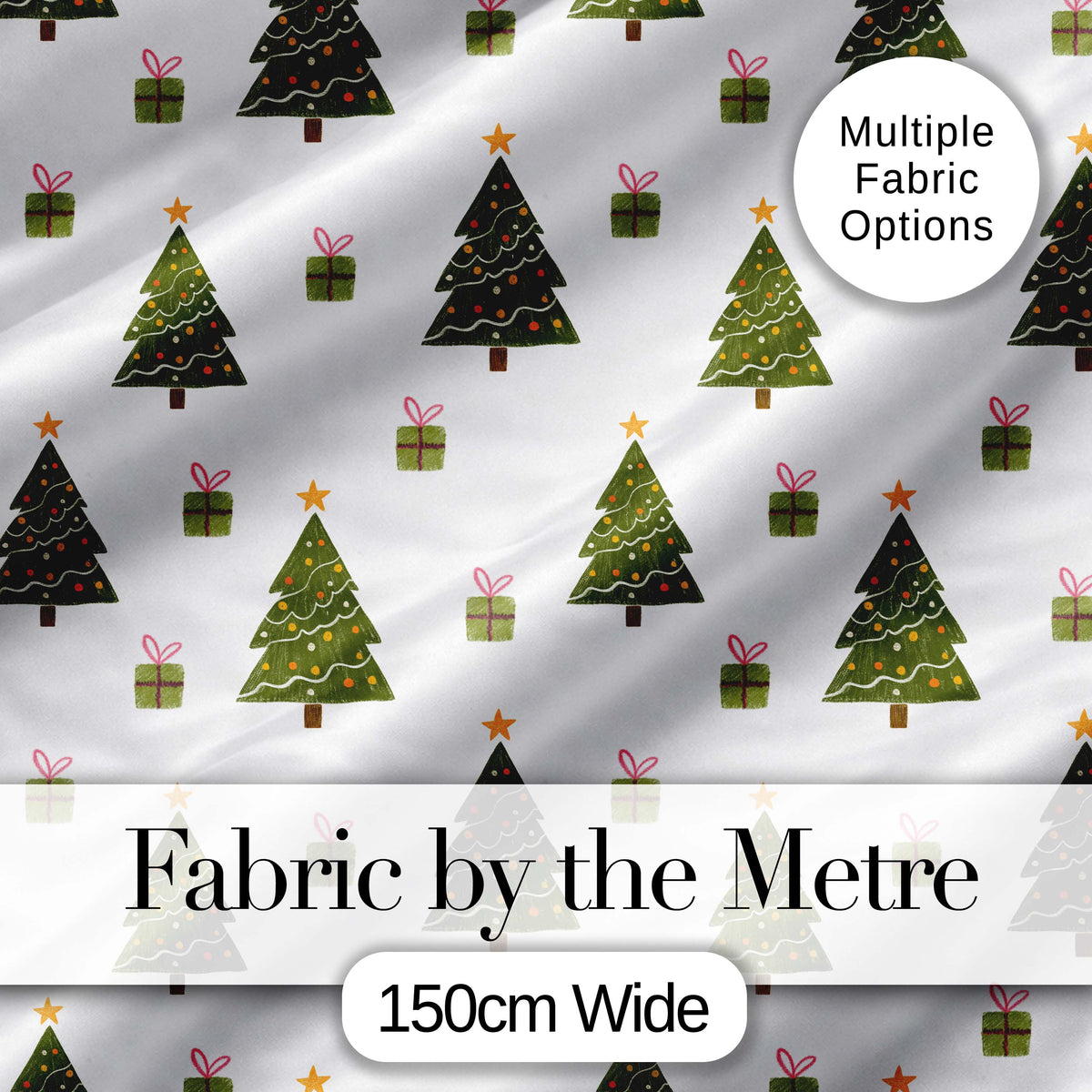 Minimal Christmas Trees with Gifts and Stars Cute Seamless Pattern Digital Print Fabric by the Metre UK Sewing Quilting Textile