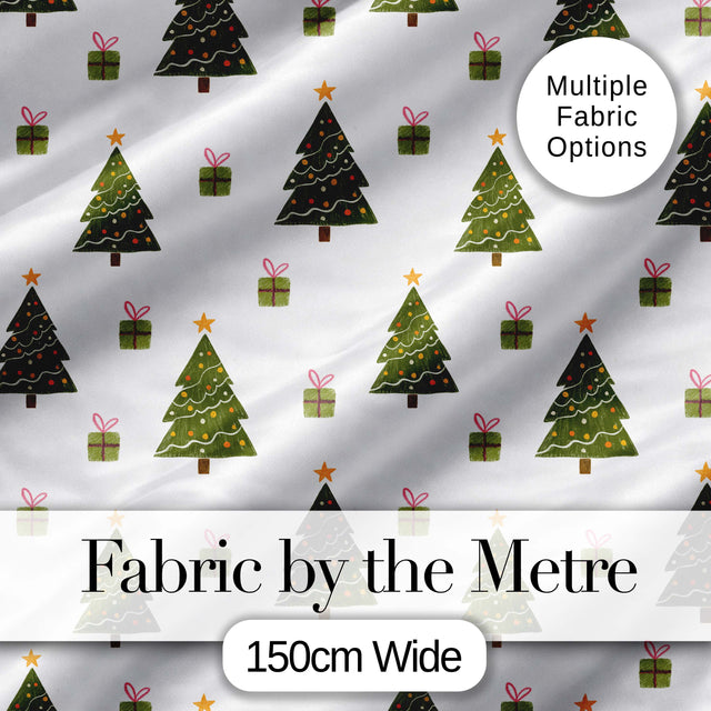 Minimal Christmas Trees with Gifts and Stars Cute Seamless Pattern Digital Print Fabric by the Metre UK Sewing Quilting Textile