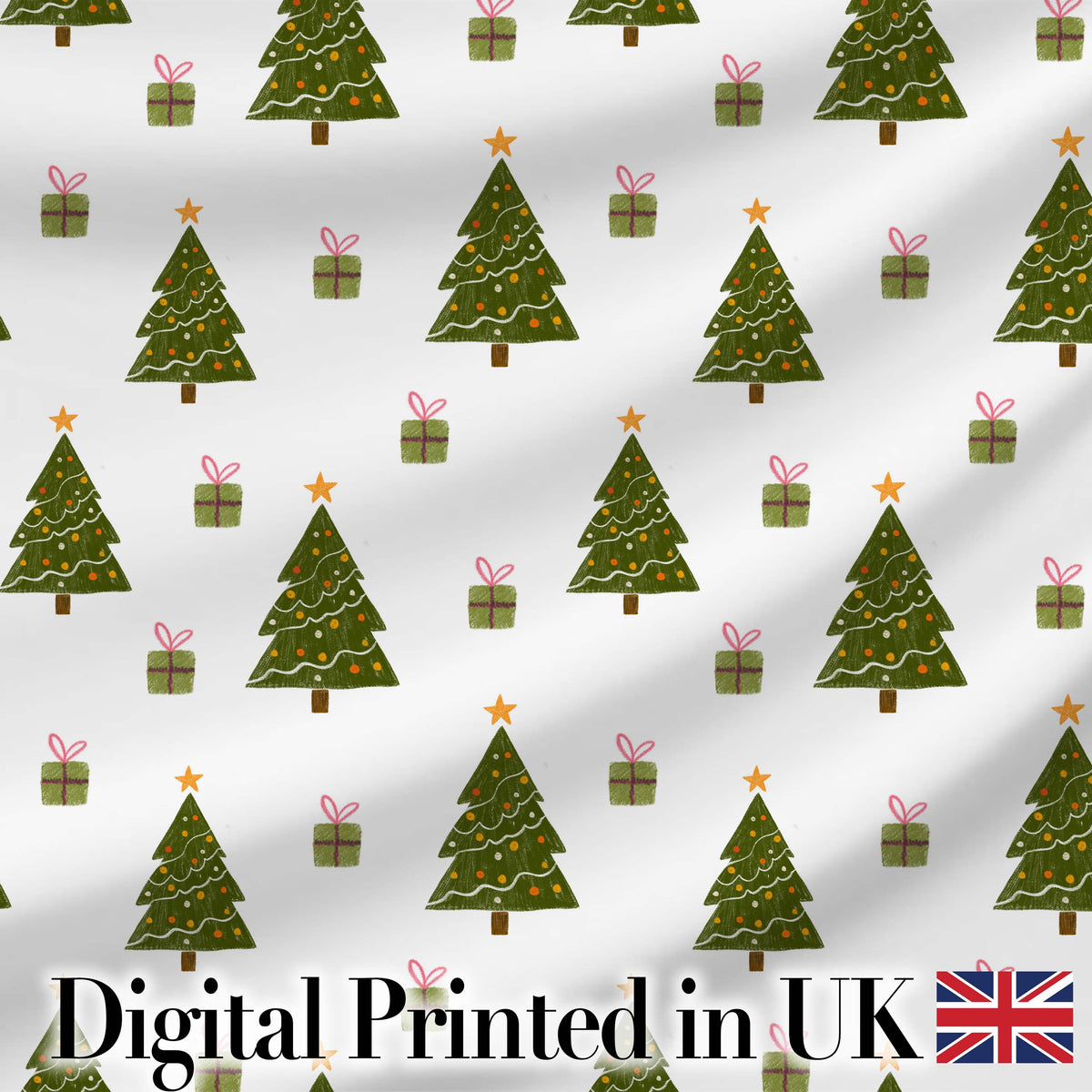 Minimal Christmas Trees with Gifts and Stars Cute Seamless Pattern Digital Print Fabric by the Metre UK Sewing Quilting Textile