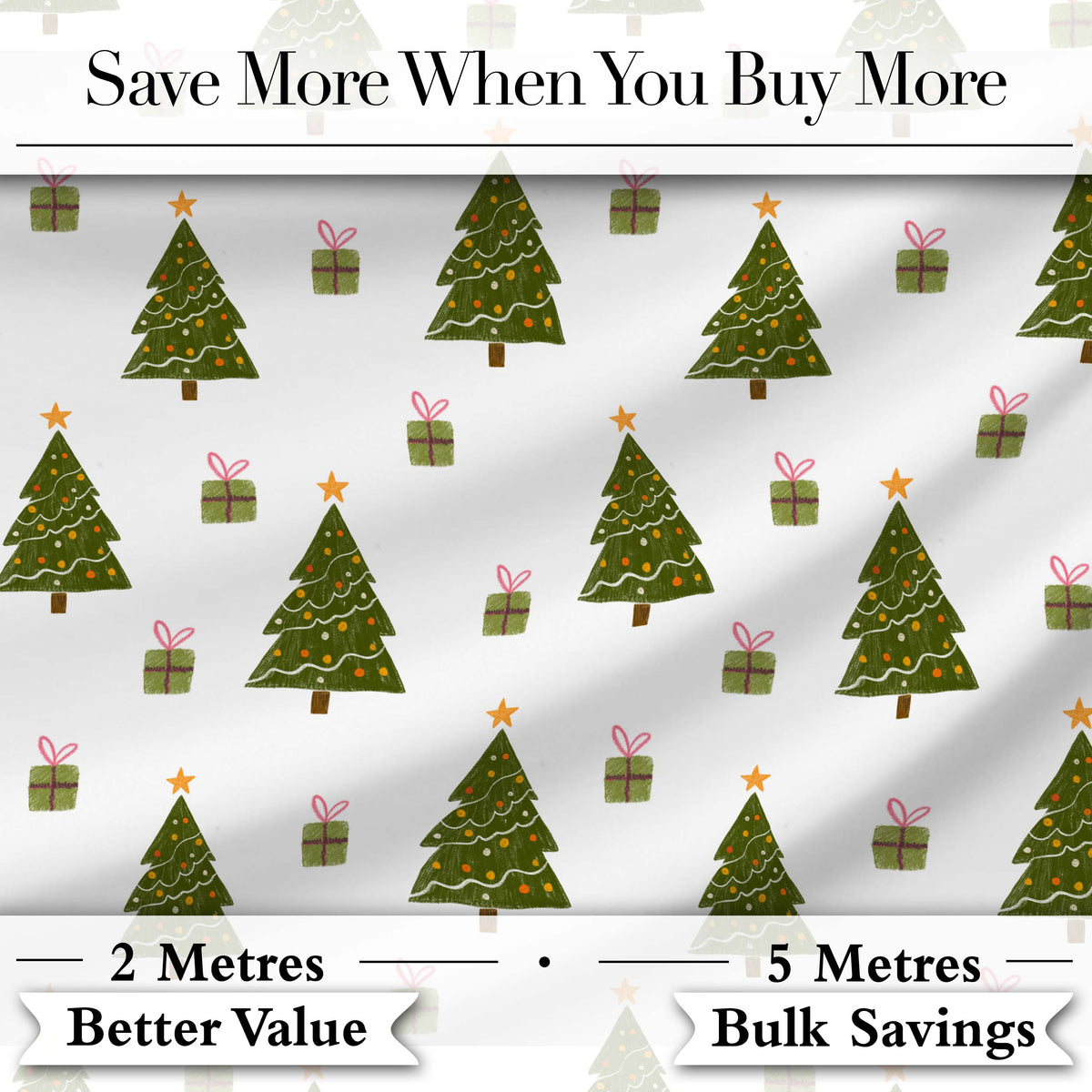 Minimal Christmas Trees with Gifts and Stars Cute Seamless Pattern Digital Print Fabric by the Metre UK Sewing Quilting Textile