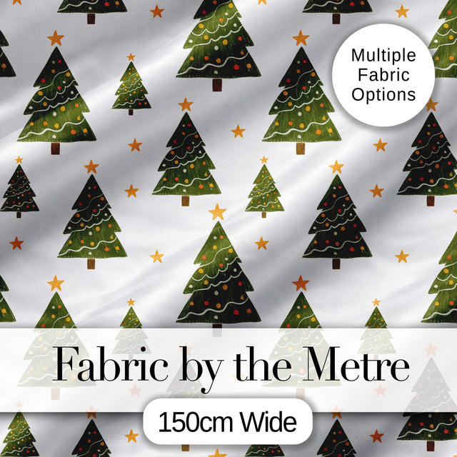 Hand Drawn Christmas Trees with Stars Minimal Seamless Pattern Digital Print Fabric by the Metre UK Sewing Quilting Textile