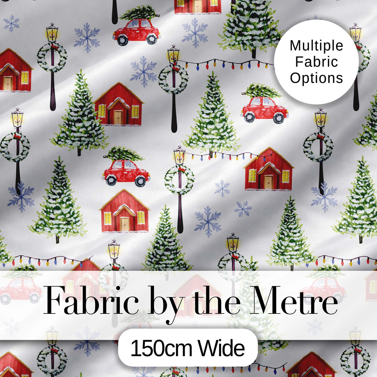 Winter Village with Red Houses Cars and Snowy Trees Seamless Pattern Digital Print Fabric by the Metre UK Sewing Quilting Textile