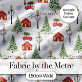 Winter Village with Red Houses Cars and Snowy Trees Seamless Pattern Digital Print Fabric by the Metre UK Sewing Quilting Textile