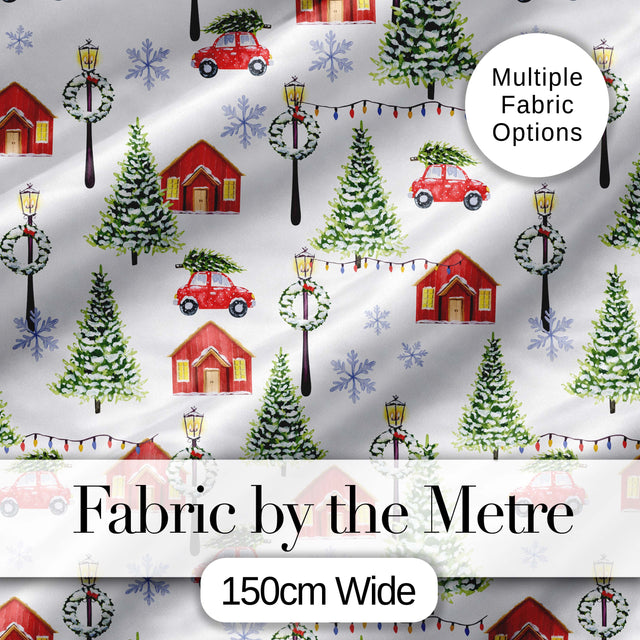 Winter Village with Red Houses Cars and Snowy Trees Seamless Pattern Digital Print Fabric by the Metre UK Sewing Quilting Textile