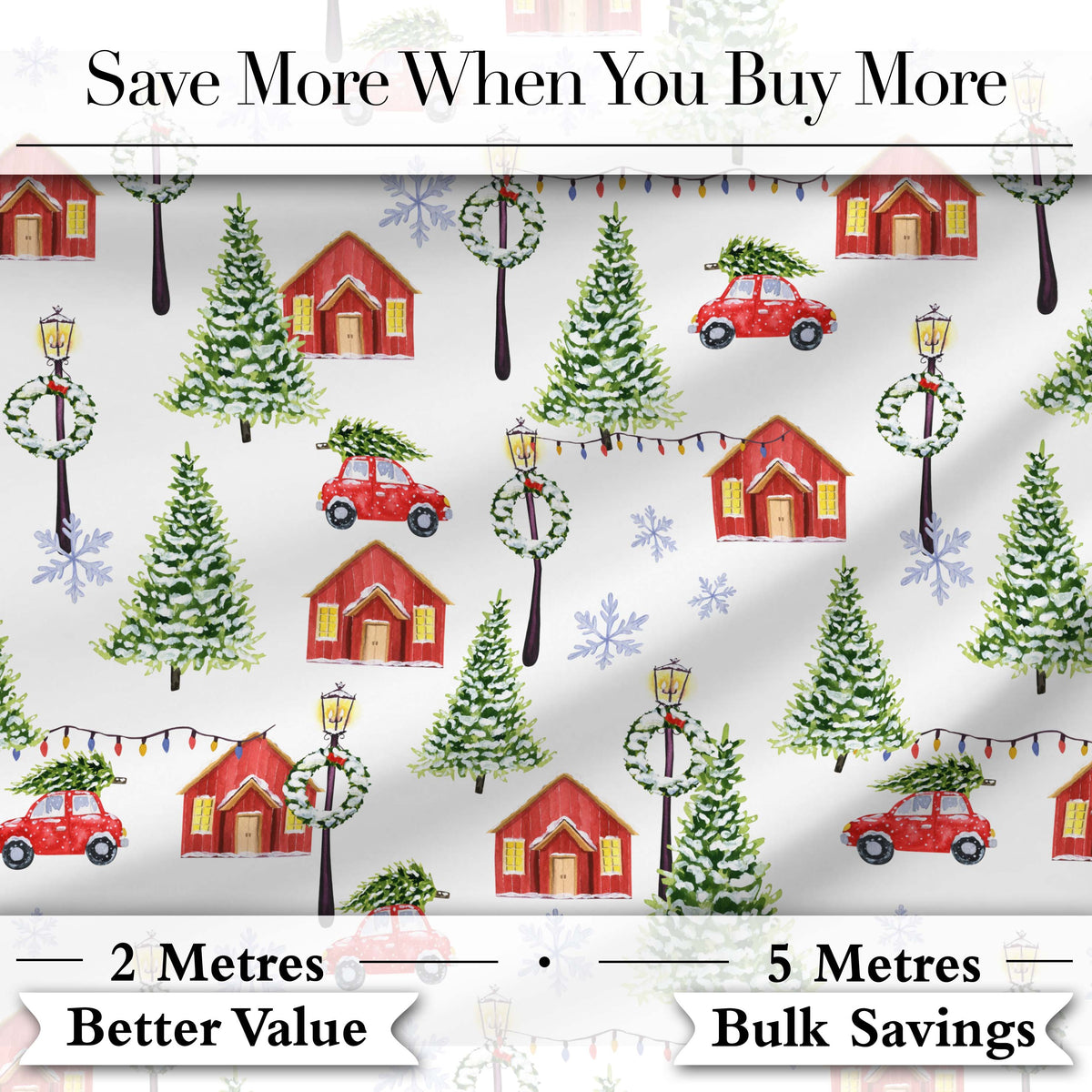 Winter Village with Red Houses Cars and Snowy Trees Seamless Pattern Digital Print Fabric by the Metre UK Sewing Quilting Textile