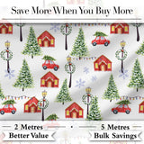 Winter Village with Red Houses Cars and Snowy Trees Seamless Pattern Digital Print Fabric by the Metre UK Sewing Quilting Textile