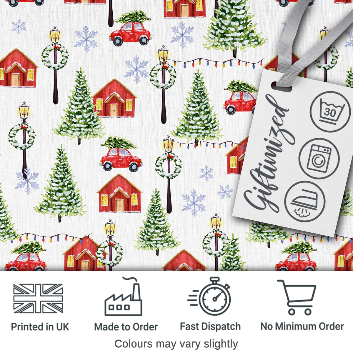 Winter Village with Red Houses Cars and Snowy Trees Seamless Pattern Digital Print Fabric by the Metre UK Sewing Quilting Textile