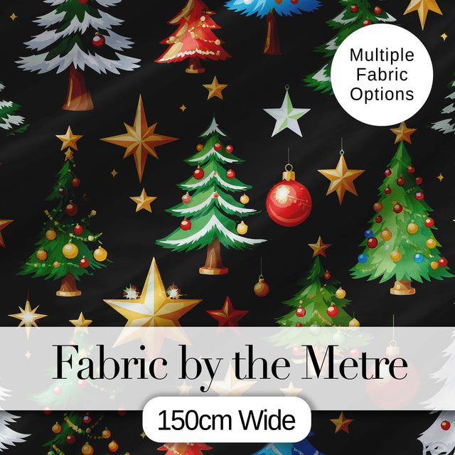 Christmas Trees with Golden Stars and Ornaments on Black Background  Digital Print Fabric by the Metre UK Sewing Quilting Textile