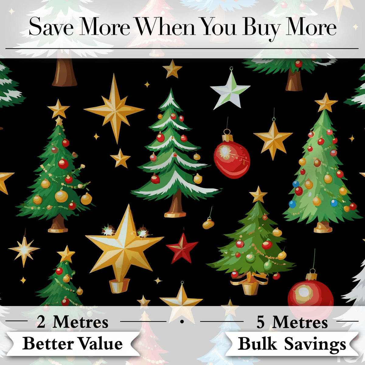 Christmas Trees with Golden Stars and Ornaments on Black Background  Digital Print Fabric by the Metre UK Sewing Quilting Textile