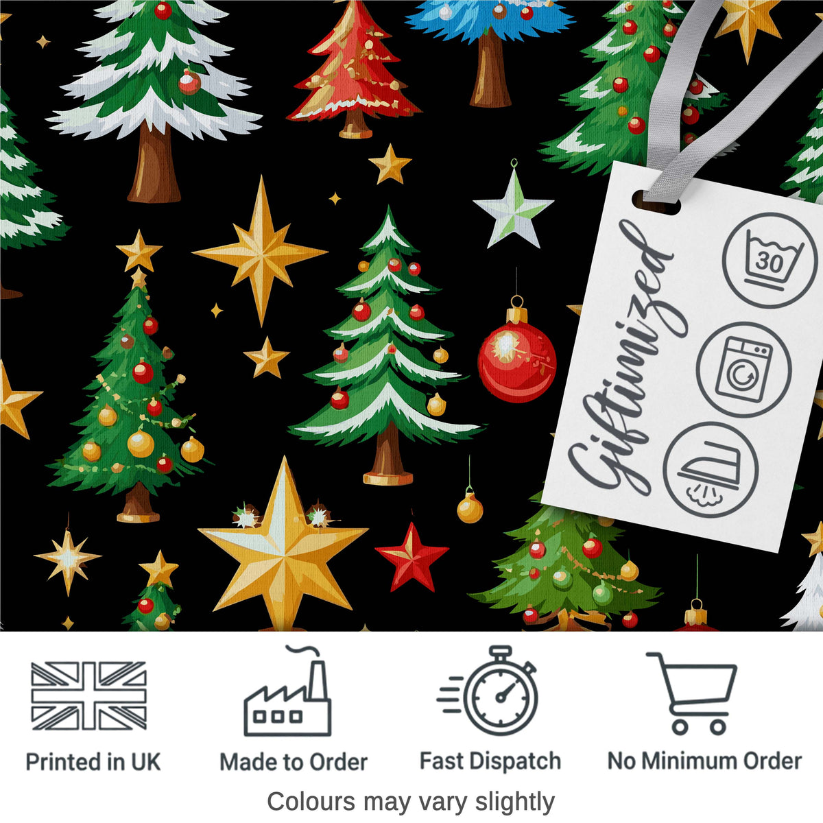 Christmas Trees with Golden Stars and Ornaments on Black Background  Digital Print Fabric by the Metre UK Sewing Quilting Textile