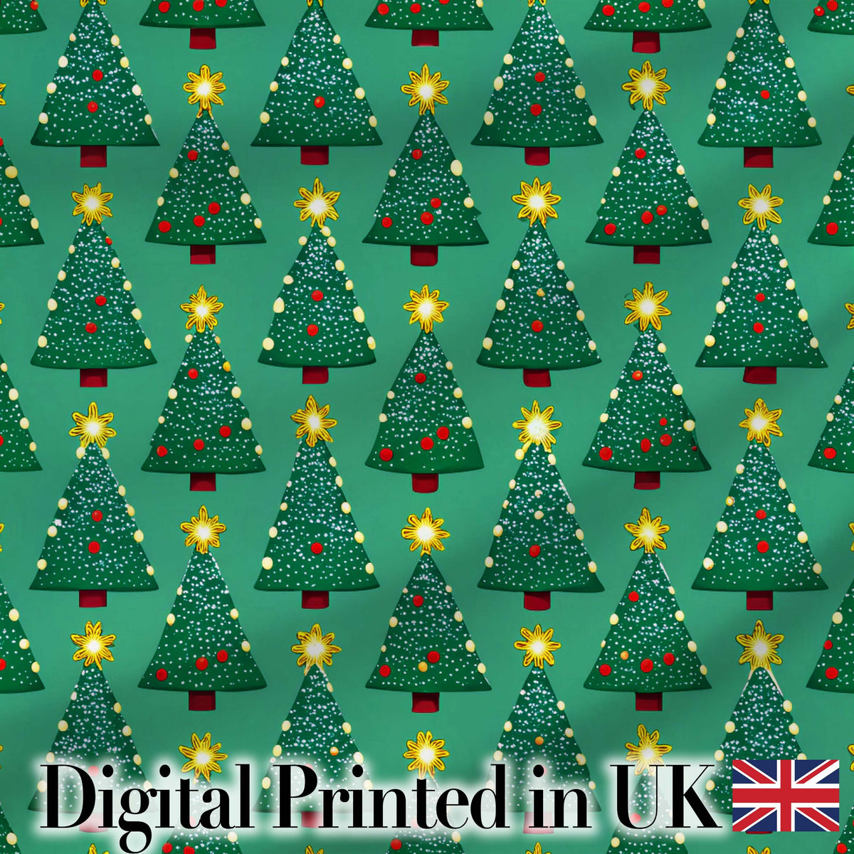 Festive Christmas Trees with Yellow Stars on Green Background Seamless Pattern Digital Print Fabric by the Metre UK Sewing Quilting Textile