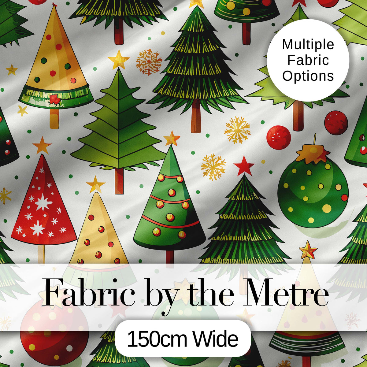 Stylized Christmas Trees with Baubles and Ornaments Cute Seamless Pattern Digital Print Fabric by the Metre UK Sewing Quilting Textile