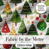 Stylized Christmas Trees with Baubles and Ornaments Cute Seamless Pattern Digital Print Fabric by the Metre UK Sewing Quilting Textile