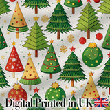 Stylized Christmas Trees with Baubles and Ornaments Cute Seamless Pattern Digital Print Fabric by the Metre UK Sewing Quilting Textile