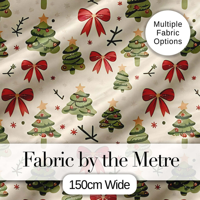 Watercolor Christmas Trees with Red Bows and Winter Elements Seamless Pattern Digital Print Fabric by the Metre UK Sewing Quilting Textile