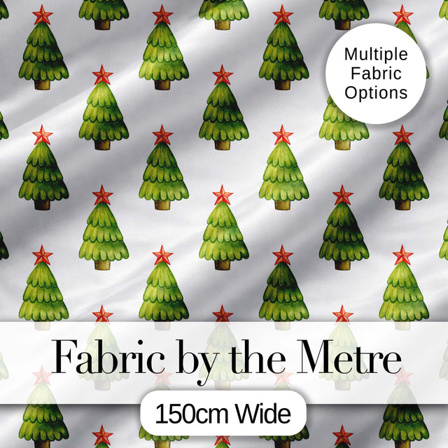 Watercolor Christmas Trees with Red Star Toppers Festive Seamless Pattern Digital Print Fabric by the Metre UK Sewing Quilting Textile