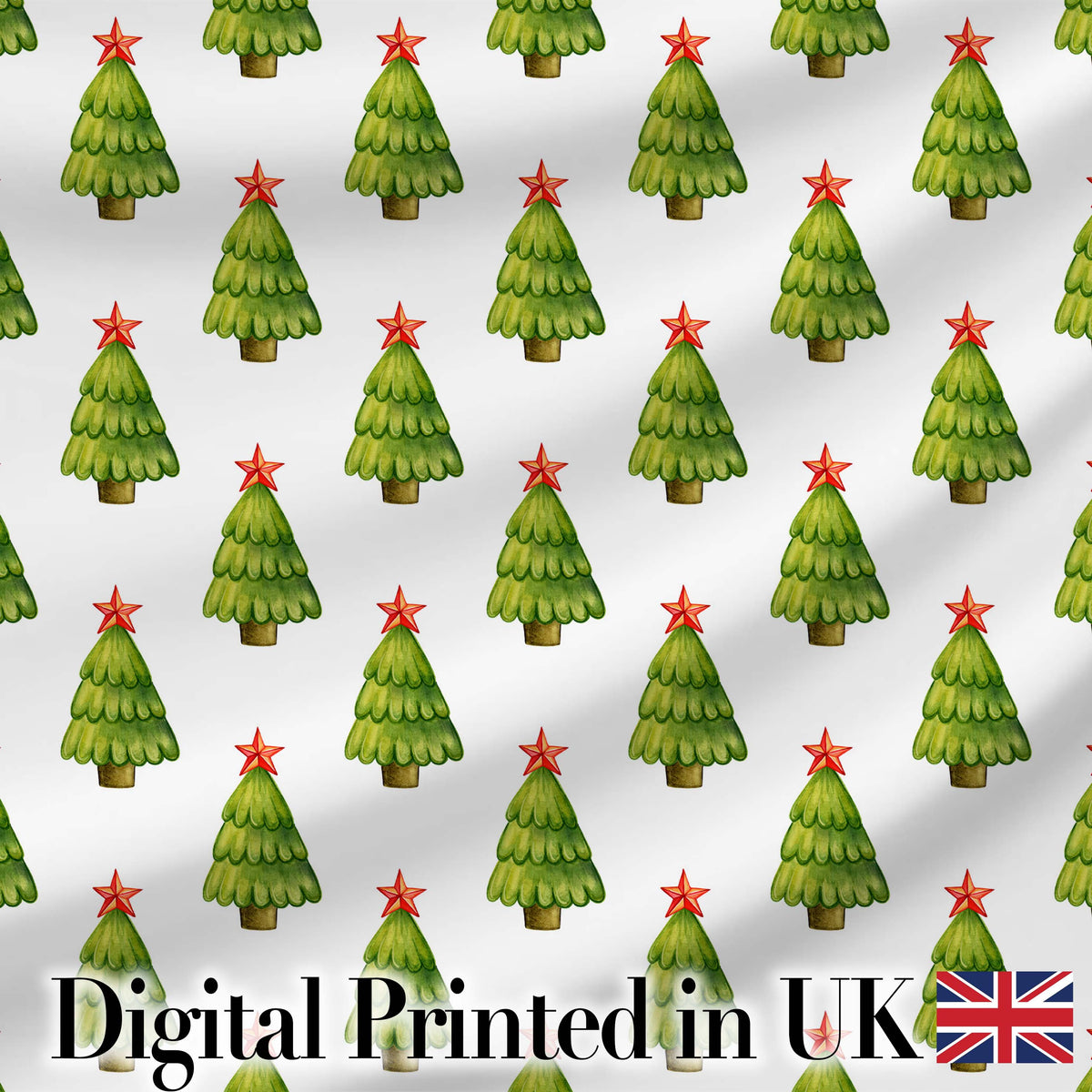 Watercolor Christmas Trees with Red Star Toppers Festive Seamless Pattern Digital Print Fabric by the Metre UK Sewing Quilting Textile