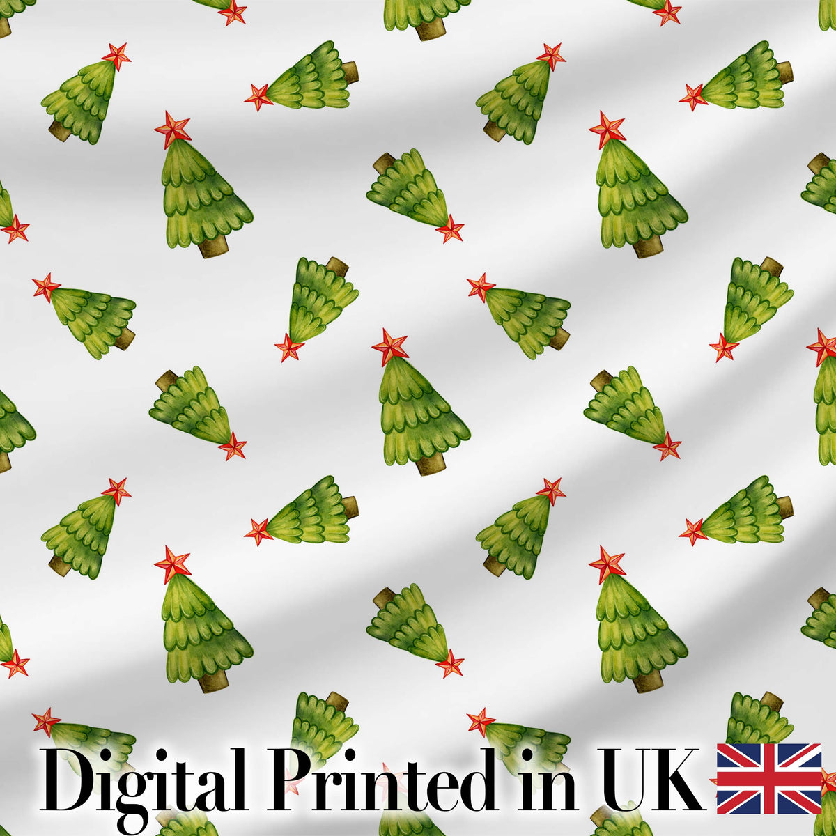 Watercolor Christmas Trees with Red Star Tossed Layout Seamless Pattern Digital Print Fabric by the Metre UK Sewing Quilting Textile