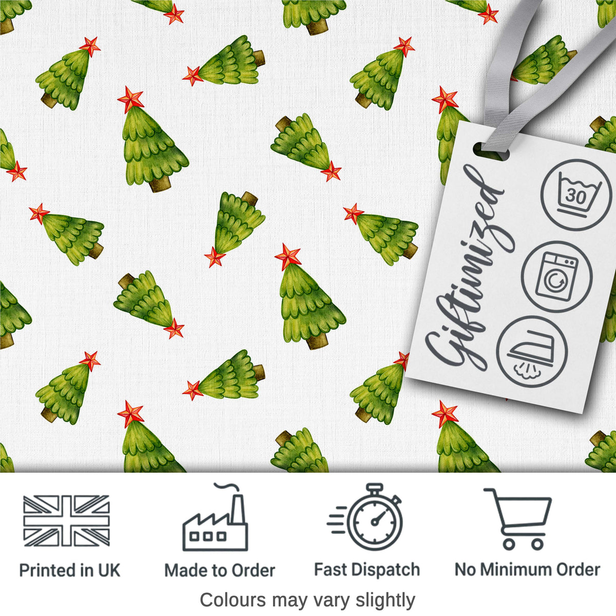 Watercolor Christmas Trees with Red Star Tossed Layout Seamless Pattern Digital Print Fabric by the Metre UK Sewing Quilting Textile