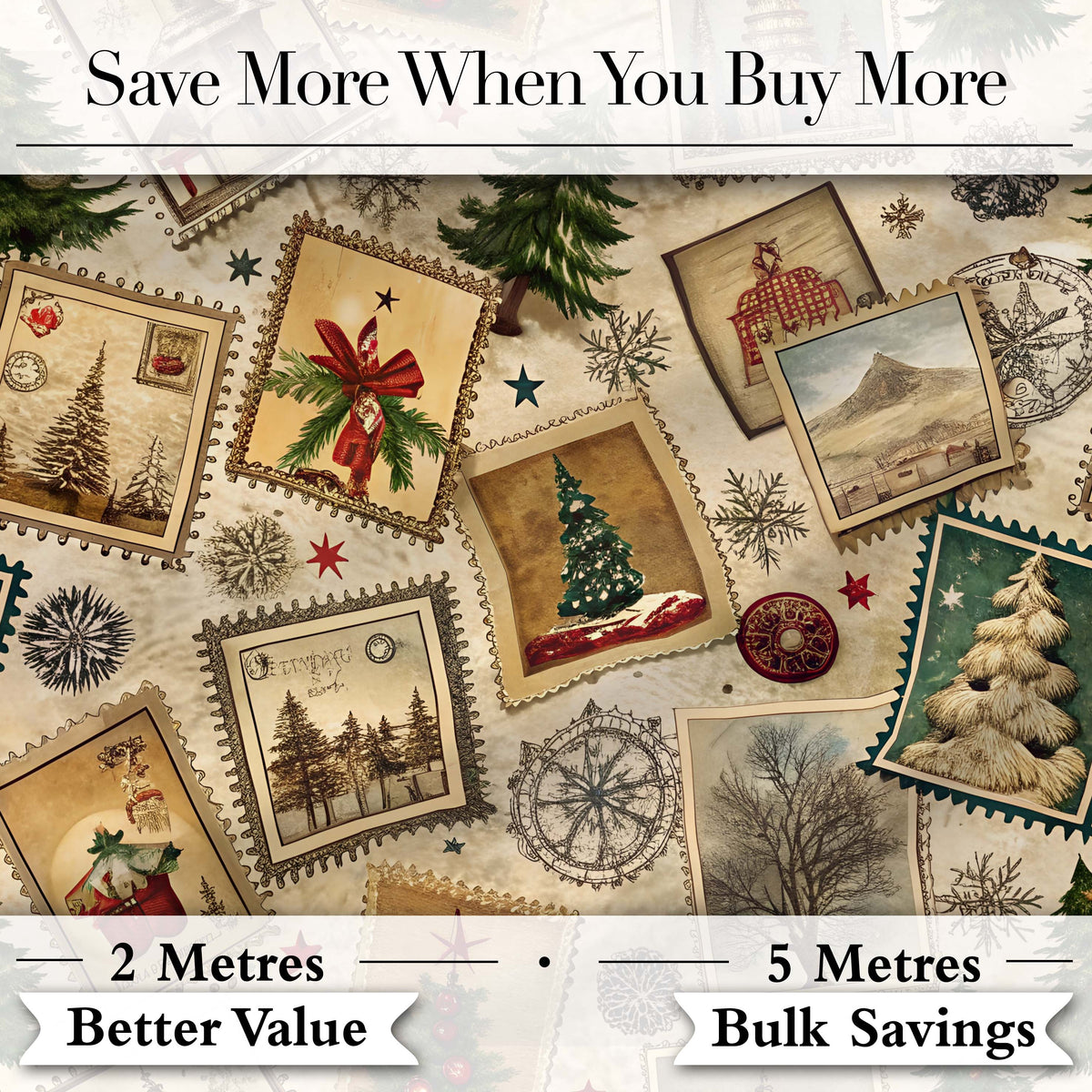 Vintage Christmas Stamps with Trees Snowflakes and Festive Scenes  Digital Print Fabric by the Metre UK Sewing Quilting Textile