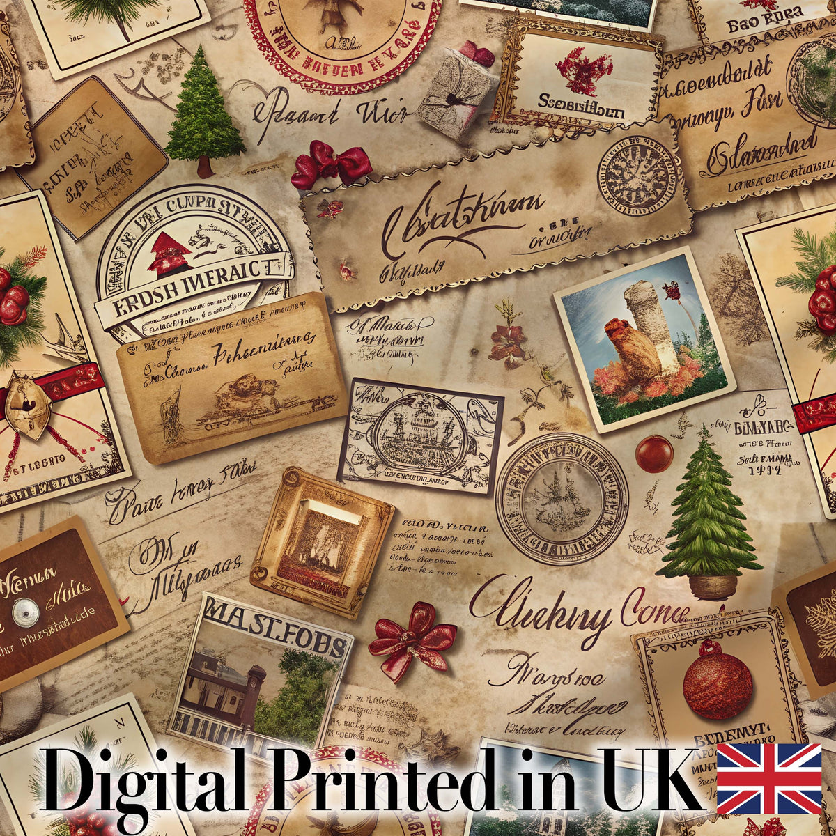 Vintage Christmas Ephemera with Letters Stamps and Holiday Motifs  Digital Print Fabric by the Metre UK Sewing Quilting Textile