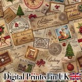 Vintage Christmas Ephemera with Letters Stamps and Holiday Motifs  Digital Print Fabric by the Metre UK Sewing Quilting Textile