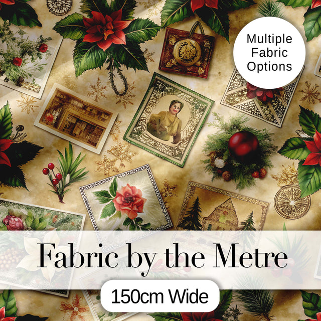 Classic Christmas Botanical Elements with Holly Berries and Flowers  Digital Print Fabric by the Metre UK Sewing Quilting Textile