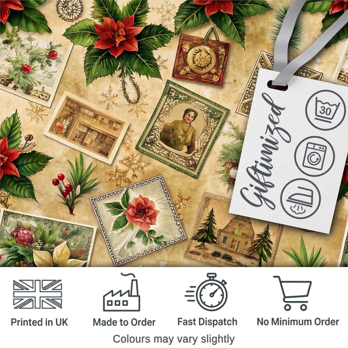 Classic Christmas Botanical Elements with Holly Berries and Flowers  Digital Print Fabric by the Metre UK Sewing Quilting Textile