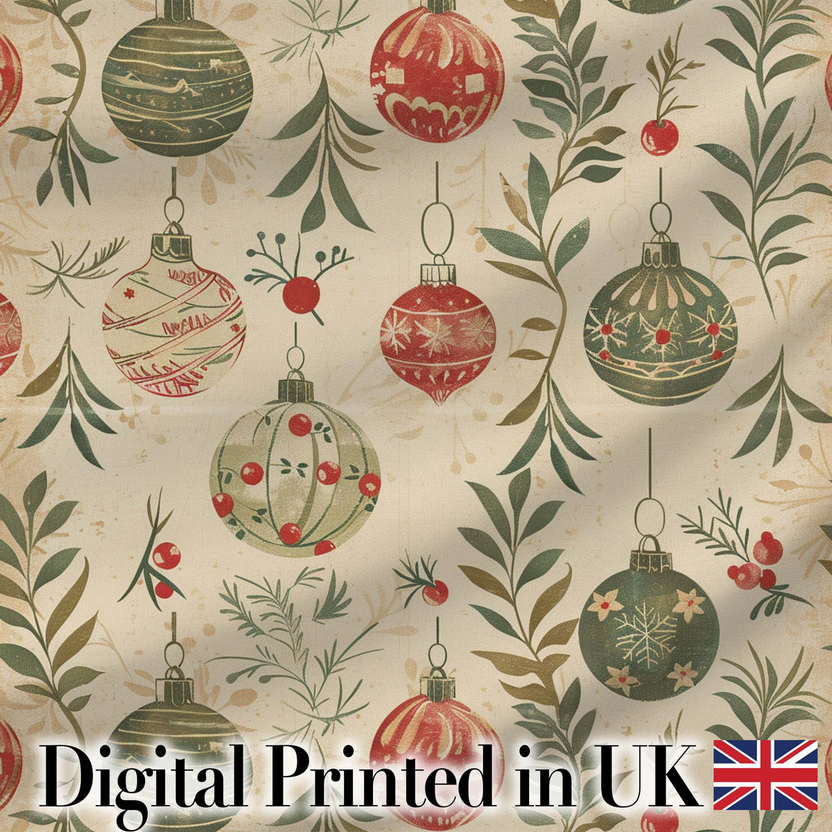 Elegant Christmas Holly Leaves with Berries and Snowflakes Seamless Pattern Digital Print Fabric by the Metre UK Sewing Quilting Textile