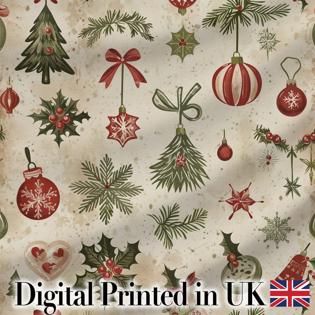Minimal Christmas Ornaments Pine Branches and Bows Seamless Pattern Digital Print Fabric by the Metre UK Sewing Quilting Textile