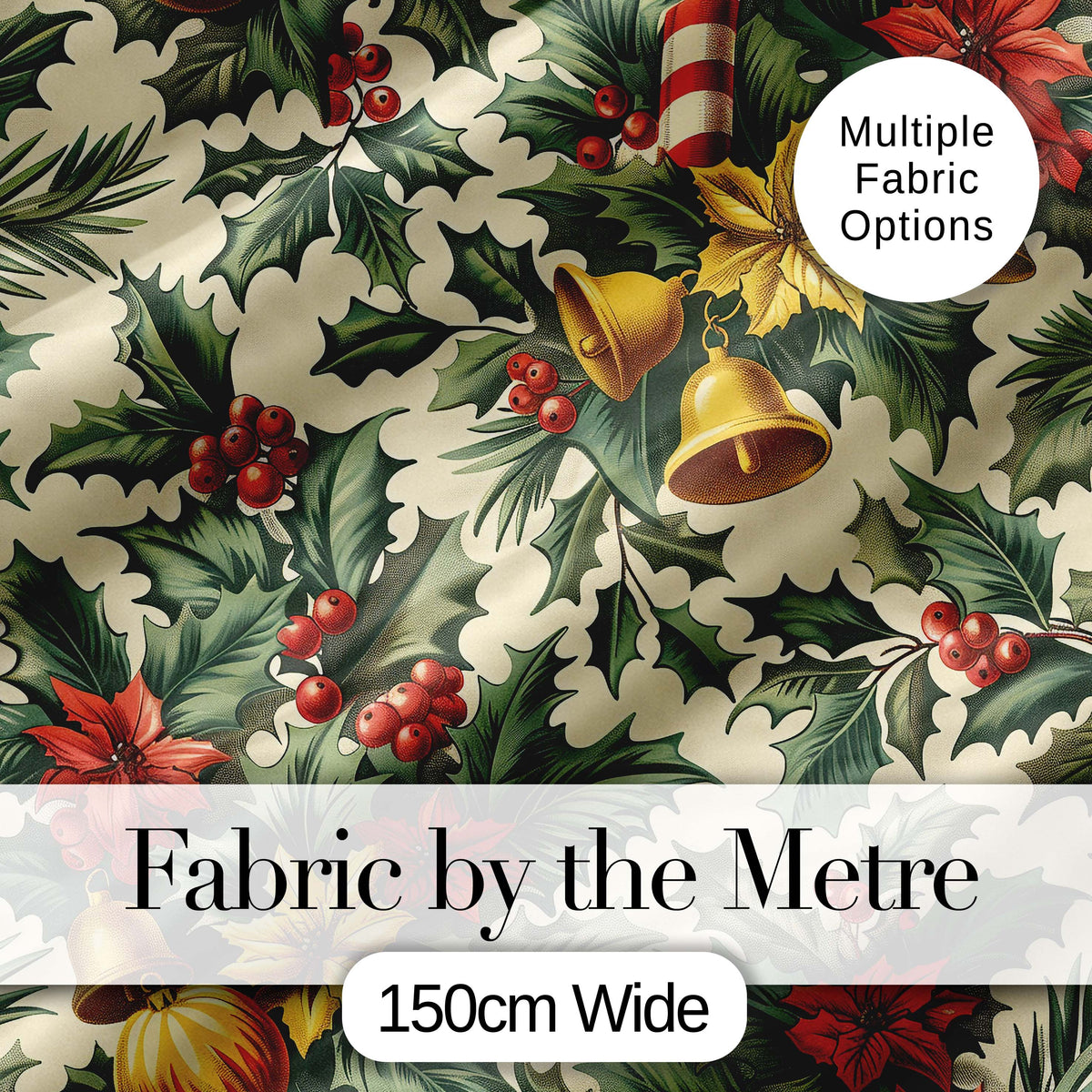 Vintage Holly Leaves Bells Poinsettia and Festive Botanical Seamless Pattern Digital Print Fabric by the Metre UK Sewing Quilting Textile