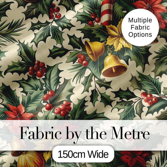 Vintage Holly Leaves Bells Poinsettia and Festive Botanical Seamless Pattern Digital Print Fabric by the Metre UK Sewing Quilting Textile