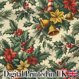Vintage Holly Leaves Bells Poinsettia and Festive Botanical Seamless Pattern Digital Print Fabric by the Metre UK Sewing Quilting Textile