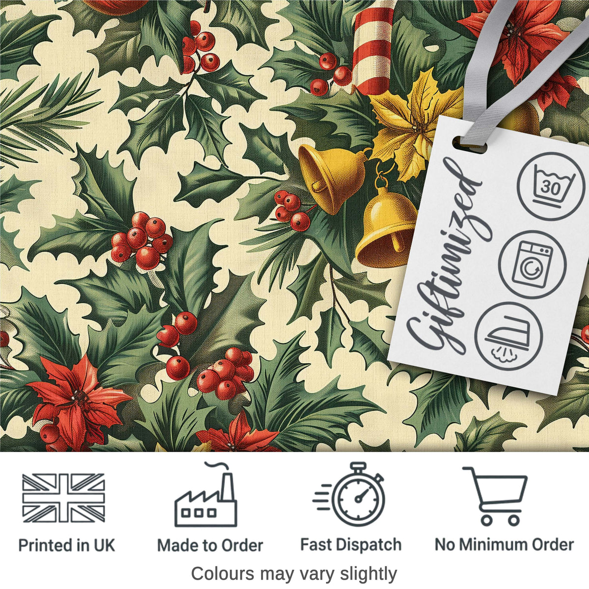 Vintage Holly Leaves Bells Poinsettia and Festive Botanical Seamless Pattern Digital Print Fabric by the Metre UK Sewing Quilting Textile