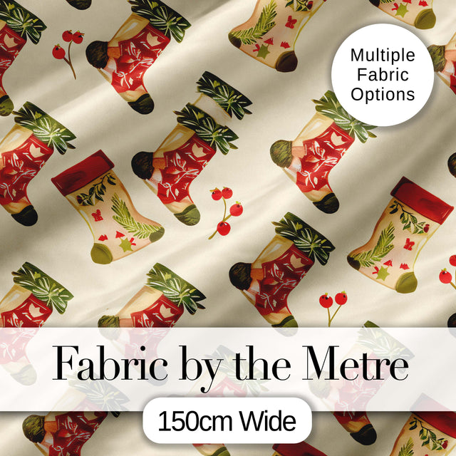 Festive Christmas Stockings Holly Berries and Holiday Decor Seamless Pattern Digital Print Fabric by the Metre UK Sewing Quilting Textile