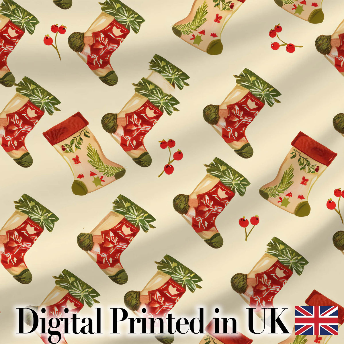 Festive Christmas Stockings Holly Berries and Holiday Decor Seamless Pattern Digital Print Fabric by the Metre UK Sewing Quilting Textile