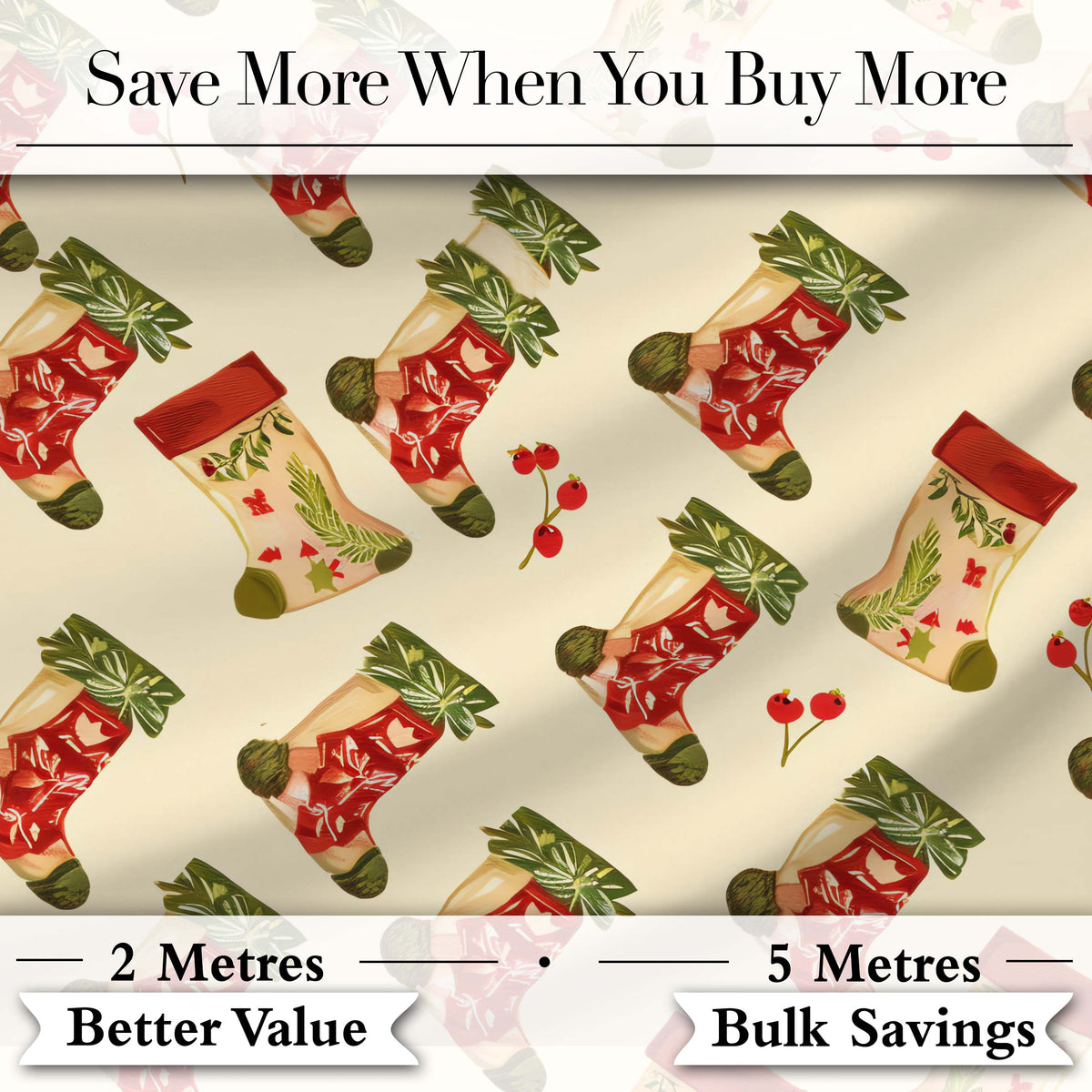 Festive Christmas Stockings Holly Berries and Holiday Decor Seamless Pattern Digital Print Fabric by the Metre UK Sewing Quilting Textile