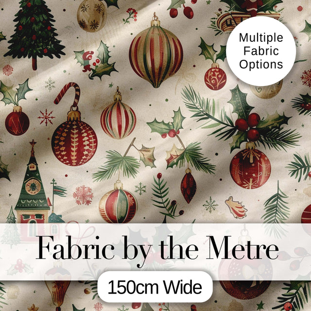 Vintage Christmas Baubles Holly Leaves Pine Branches and Festive Ornaments  Digital Print Fabric by the Metre UK Sewing Quilting Textile