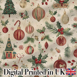 Vintage Christmas Baubles Holly Leaves Pine Branches and Festive Ornaments  Digital Print Fabric by the Metre UK Sewing Quilting Textile