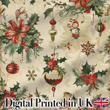 Elegant Christmas Poinsettia Holly Berries and Ornaments Seamless Pattern Digital Print Fabric by the Metre UK Sewing Quilting Textile