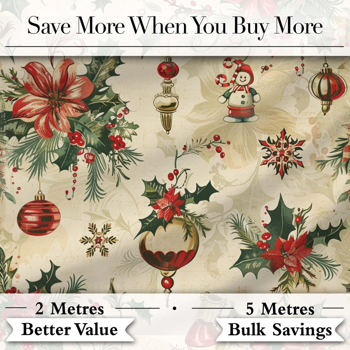 Elegant Christmas Poinsettia Holly Berries and Ornaments Seamless Pattern Digital Print Fabric by the Metre UK Sewing Quilting Textile