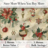 Elegant Christmas Poinsettia Holly Berries and Ornaments Seamless Pattern Digital Print Fabric by the Metre UK Sewing Quilting Textile