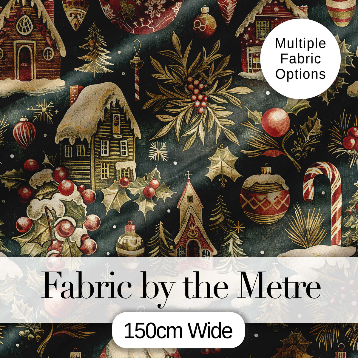 Dark Vintage Christmas Village Houses Snowy Scene and Ornaments  Digital Print Fabric by the Metre UK Sewing Quilting Textile