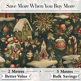 Dark Vintage Christmas Village Houses Snowy Scene and Ornaments  Digital Print Fabric by the Metre UK Sewing Quilting Textile