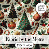 Classic Christmas Trees Candy Canes Baubles and Festive Decor Seamless Pattern Digital Print Fabric by the Metre UK Sewing Quilting Textile