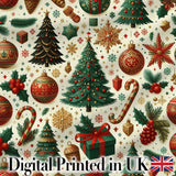 Classic Christmas Trees Candy Canes Baubles and Festive Decor Seamless Pattern Digital Print Fabric by the Metre UK Sewing Quilting Textile